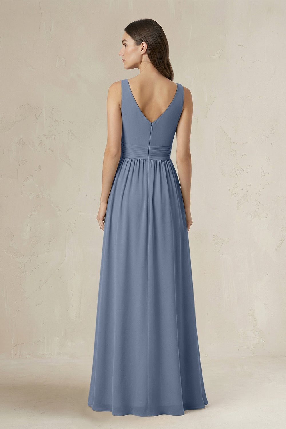 Illusion V - Neck A - Line Ruched Bridesmaid Dress in Neptune - KissProm Bridesmaid Dresses