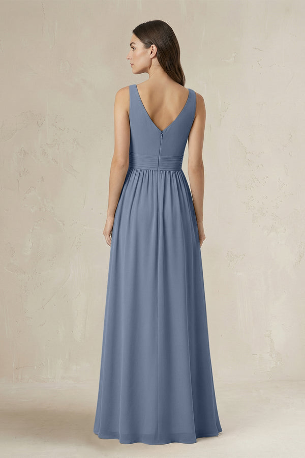 Illusion V - Neck A - Line Ruched Bridesmaid Dress in Neptune - KissProm Bridesmaid Dresses