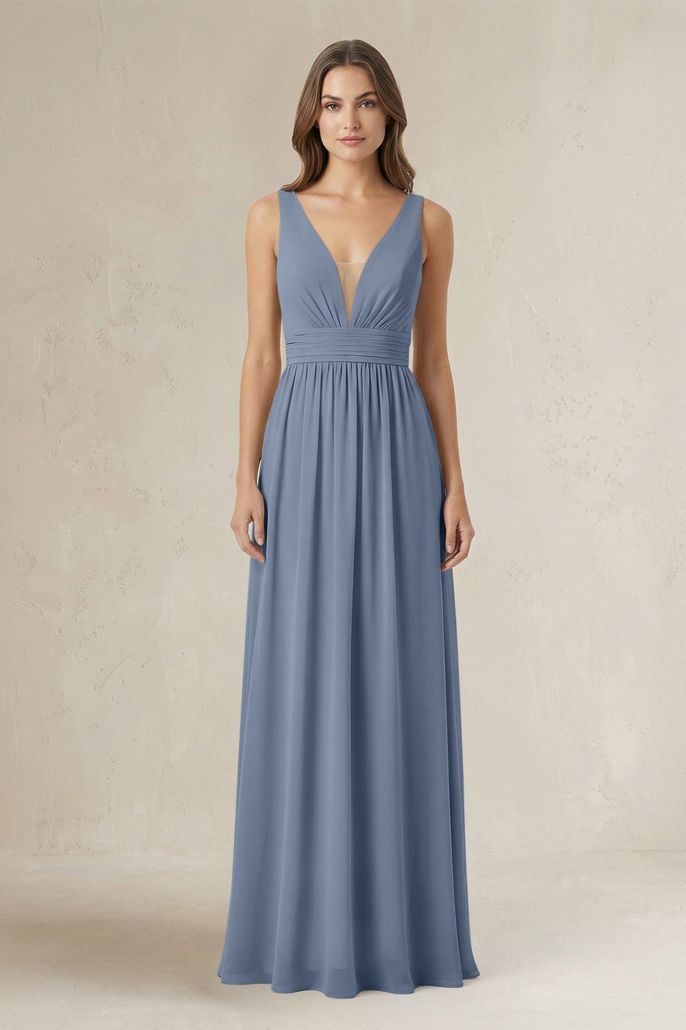 Illusion V - Neck A - Line Ruched Bridesmaid Dress in Neptune - KissProm Bridesmaid Dresses