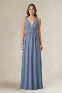 Illusion V - Neck A - Line Ruched Bridesmaid Dress in Neptune - KissProm Bridesmaid Dresses