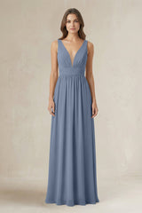Illusion V - Neck A - Line Ruched Bridesmaid Dress in Neptune - KissProm Bridesmaid Dresses