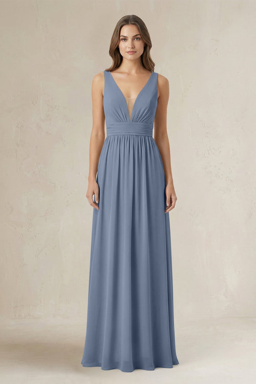 Illusion V - Neck A - Line Ruched Bridesmaid Dress in Neptune - KissProm Bridesmaid Dresses