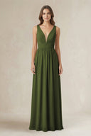 Illusion V - Neck A - Line Ruched Bridesmaid Dress in Olive - KissProm Bridesmaid Dresses
