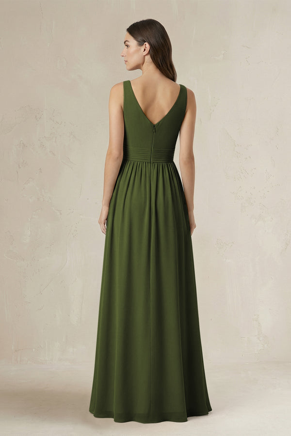 Illusion V - Neck A - Line Ruched Bridesmaid Dress in Olive - KissProm Bridesmaid Dresses