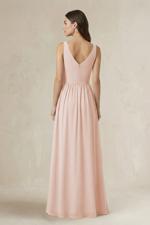 Illusion V - Neck A - Line Ruched Bridesmaid Dress in Pale Blush - KissProm Bridesmaid Dresses