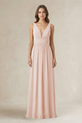 Illusion V - Neck A - Line Ruched Bridesmaid Dress in Pale Blush - KissProm Bridesmaid Dresses
