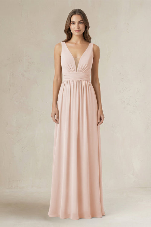 Illusion V - Neck A - Line Ruched Bridesmaid Dress in Pale Blush - KissProm Bridesmaid Dresses