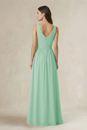Illusion V - Neck A - Line Ruched Bridesmaid Dress in Pale Pistachio - KissProm Bridesmaid Dresses