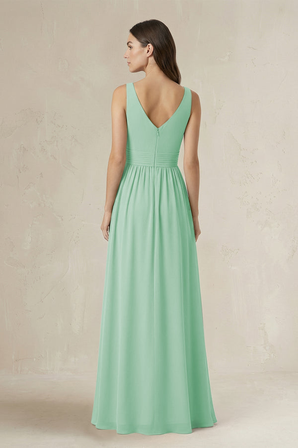 Illusion V - Neck A - Line Ruched Bridesmaid Dress in Pale Pistachio - KissProm Bridesmaid Dresses