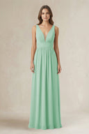 Illusion V - Neck A - Line Ruched Bridesmaid Dress in Pale Pistachio - KissProm Bridesmaid Dresses