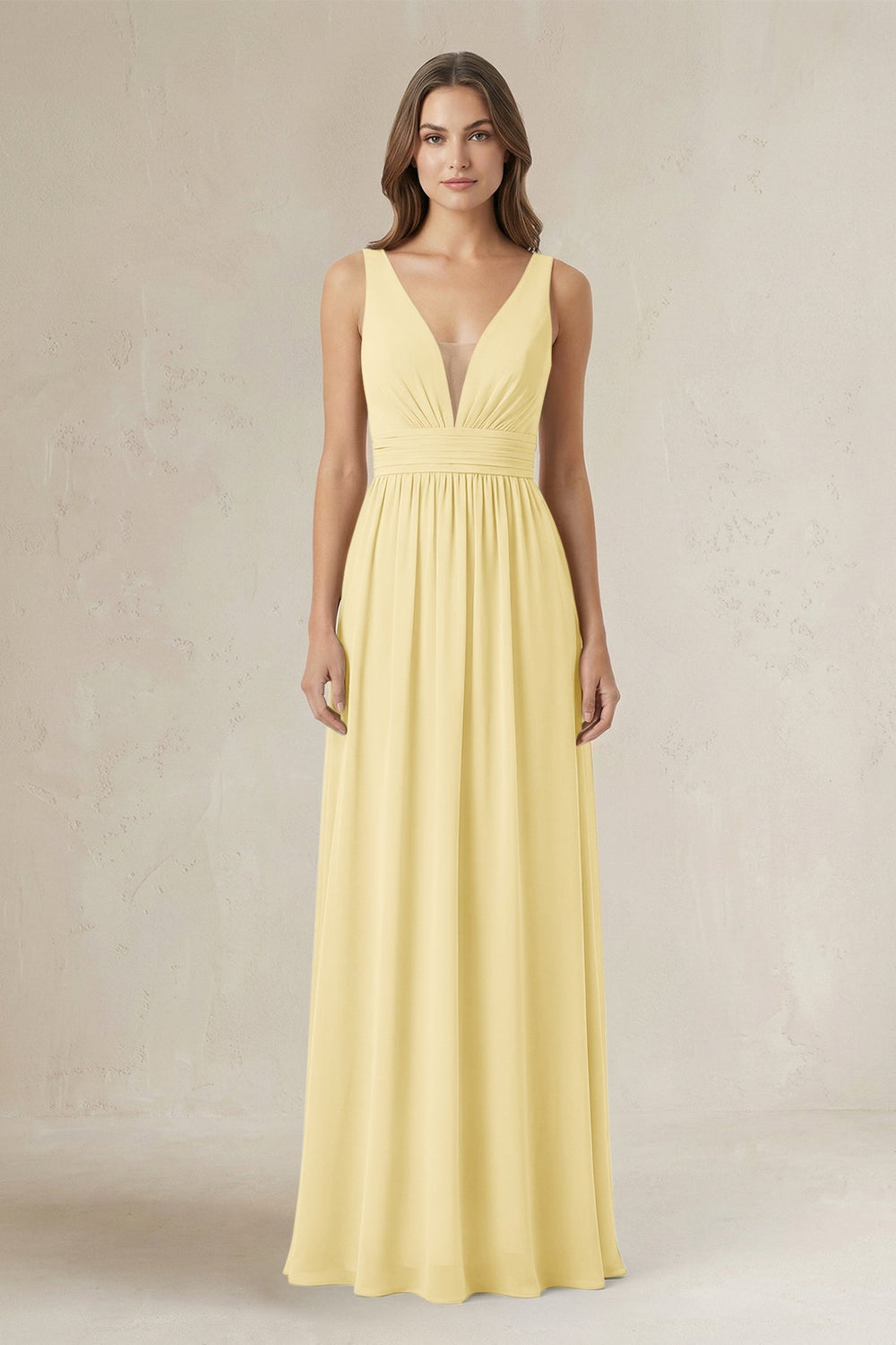 Illusion V - Neck A - Line Ruched Bridesmaid Dress in Pastel Yellow - KissProm Bridesmaid Dresses