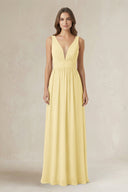 Illusion V - Neck A - Line Ruched Bridesmaid Dress in Pastel Yellow - KissProm Bridesmaid Dresses