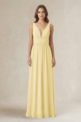 Illusion V - Neck A - Line Ruched Bridesmaid Dress in Pastel Yellow - KissProm Bridesmaid Dresses