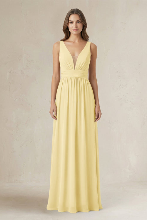 Illusion V - Neck A - Line Ruched Bridesmaid Dress in Pastel Yellow - KissProm Bridesmaid Dresses