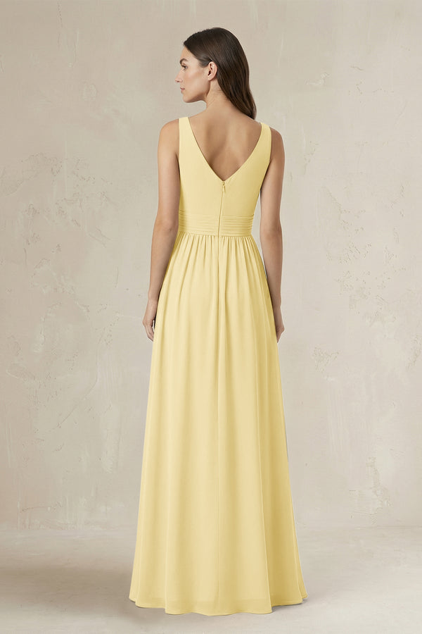 Illusion V - Neck A - Line Ruched Bridesmaid Dress in Pastel Yellow - KissProm Bridesmaid Dresses