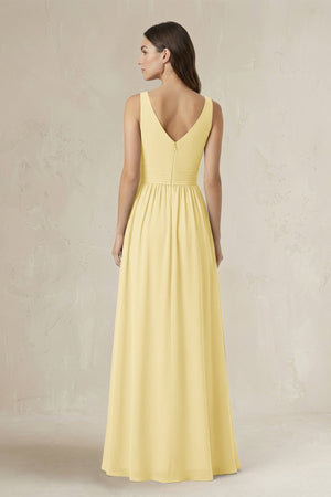 Illusion V - Neck A - Line Ruched Bridesmaid Dress in Pastel Yellow - KissProm Bridesmaid Dresses