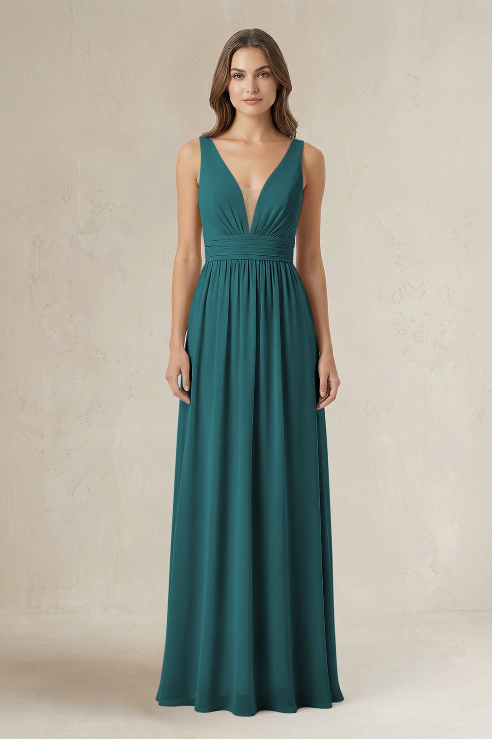 Illusion V - Neck A - Line Ruched Bridesmaid Dress in Pine - KissProm Bridesmaid Dresses