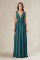 Illusion V - Neck A - Line Ruched Bridesmaid Dress in Pine - KissProm Bridesmaid Dresses