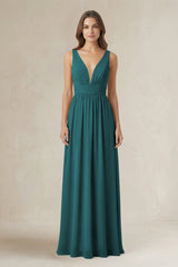 Illusion V - Neck A - Line Ruched Bridesmaid Dress in Pine - KissProm Bridesmaid Dresses