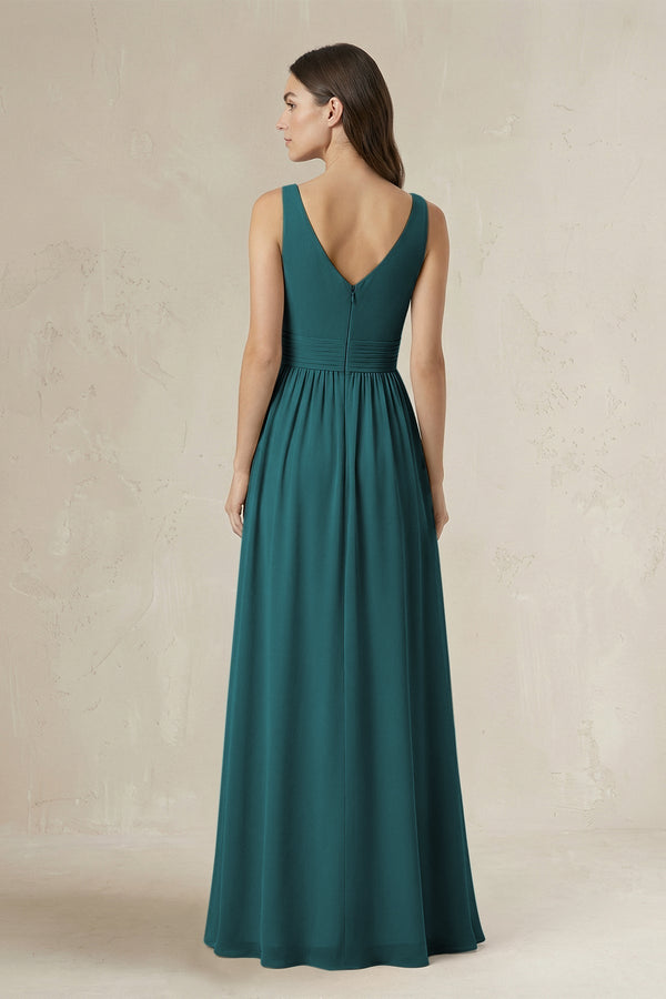 Illusion V - Neck A - Line Ruched Bridesmaid Dress in Pine - KissProm Bridesmaid Dresses