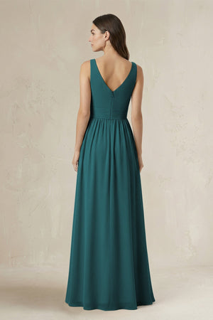 Illusion V - Neck A - Line Ruched Bridesmaid Dress in Pine - KissProm Bridesmaid Dresses