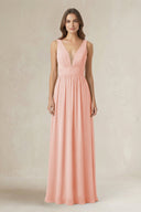 Illusion V - Neck A - Line Ruched Bridesmaid Dress in Rose Petal - KissProm Bridesmaid Dresses
