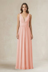 Illusion V - Neck A - Line Ruched Bridesmaid Dress in Rose Petal - KissProm Bridesmaid Dresses
