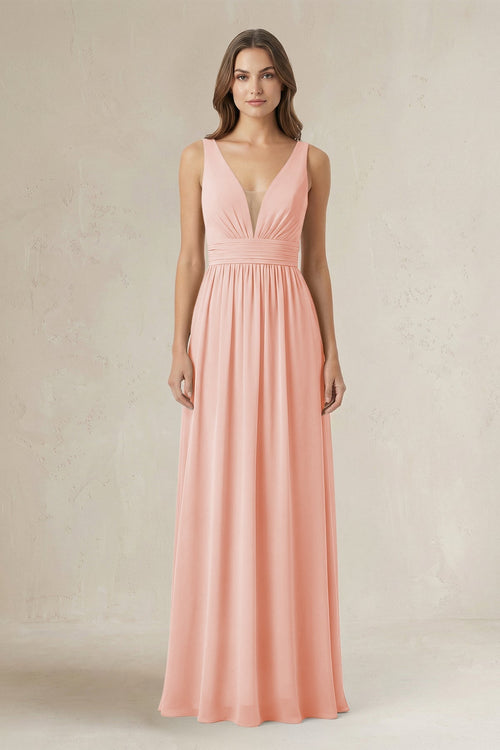 Illusion V - Neck A - Line Ruched Bridesmaid Dress in Rose Petal - KissProm Bridesmaid Dresses