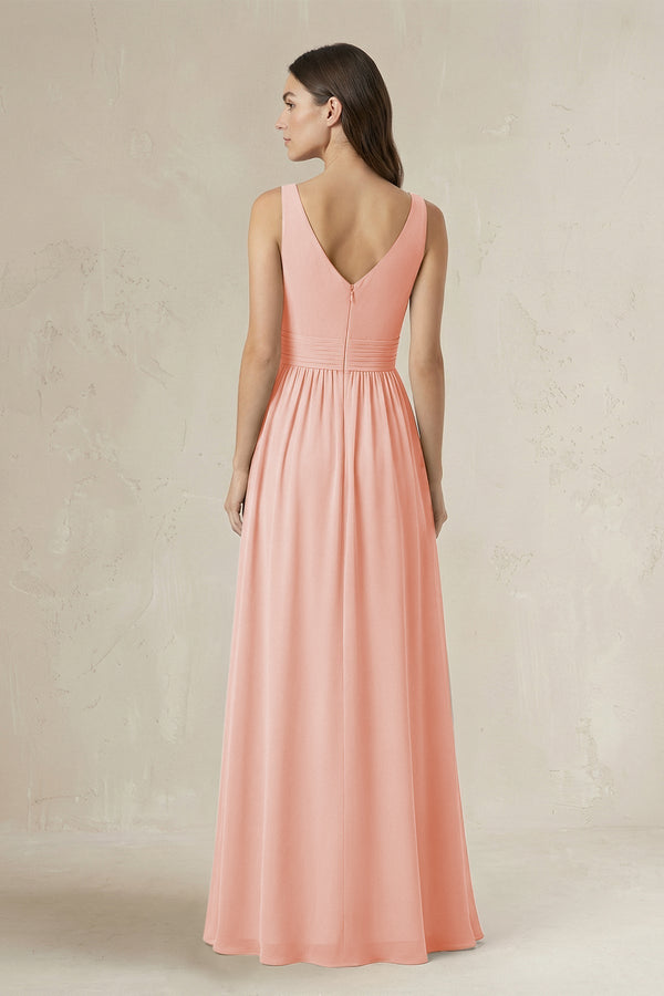 Illusion V - Neck A - Line Ruched Bridesmaid Dress in Rose Petal - KissProm Bridesmaid Dresses