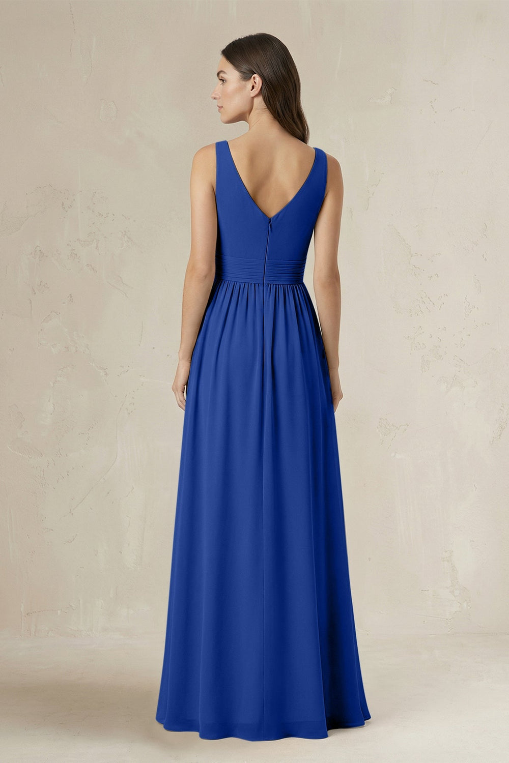 Illusion V - Neck A - Line Ruched Bridesmaid Dress in Royal Blue - KissProm Bridesmaid Dresses