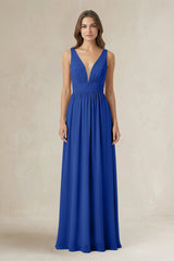 Illusion V - Neck A - Line Ruched Bridesmaid Dress in Royal Blue - KissProm Bridesmaid Dresses