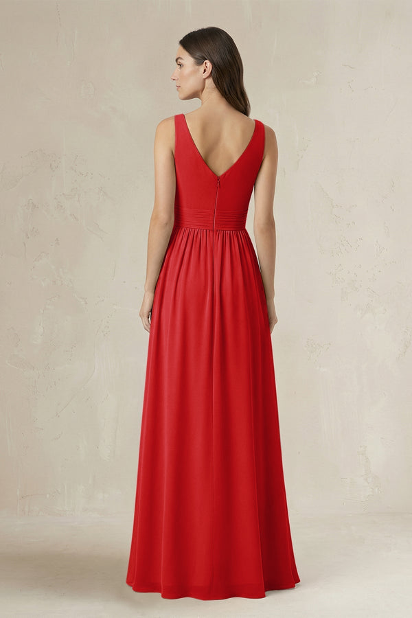 Illusion V - Neck A - Line Ruched Bridesmaid Dress in Ruby Red - KissProm Bridesmaid Dresses