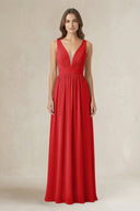 Illusion V - Neck A - Line Ruched Bridesmaid Dress in Ruby Red - KissProm Bridesmaid Dresses