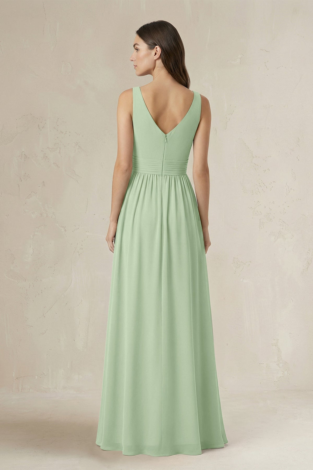 Illusion V - Neck A - Line Ruched Bridesmaid Dress in Sage - KissProm Bridesmaid Dresses