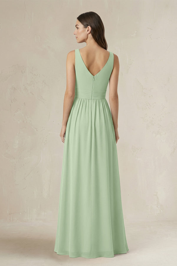 Illusion V - Neck A - Line Ruched Bridesmaid Dress in Sage - KissProm Bridesmaid Dresses