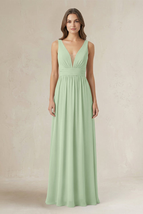 Illusion V - Neck A - Line Ruched Bridesmaid Dress in Sage - KissProm Bridesmaid Dresses