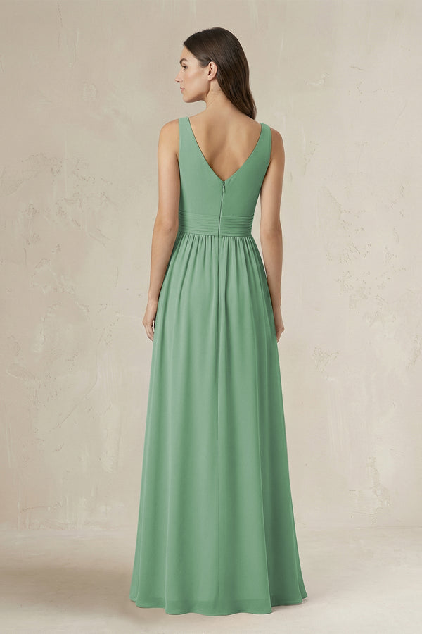 Illusion V - Neck A - Line Ruched Bridesmaid Dress in Sea Glass - KissProm Bridesmaid Dresses
