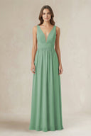 Illusion V - Neck A - Line Ruched Bridesmaid Dress in Sea Glass - KissProm Bridesmaid Dresses