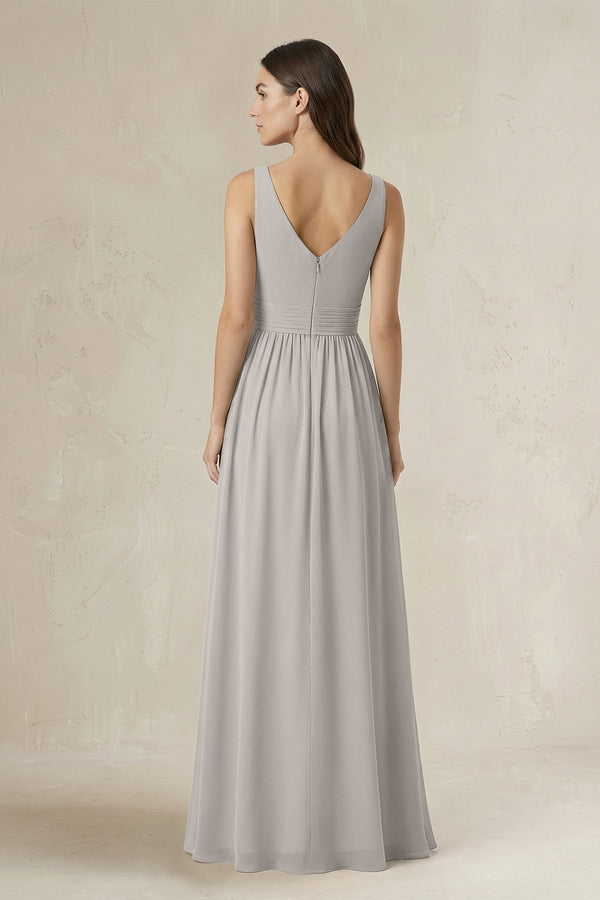 Illusion V - Neck A - Line Ruched Bridesmaid Dress in Silver - KissProm Bridesmaid Dresses