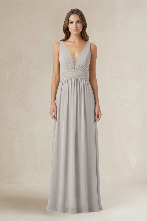 Illusion V - Neck A - Line Ruched Bridesmaid Dress in Silver - KissProm Bridesmaid Dresses