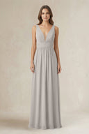 Illusion V - Neck A - Line Ruched Bridesmaid Dress in Silver - KissProm Bridesmaid Dresses