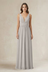 Illusion V - Neck A - Line Ruched Bridesmaid Dress in Silver - KissProm Bridesmaid Dresses