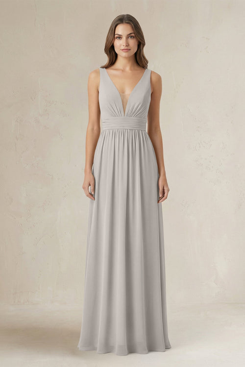 Illusion V - Neck A - Line Ruched Bridesmaid Dress in Silver - KissProm Bridesmaid Dresses