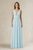 Illusion V - Neck A - Line Ruched Bridesmaid Dress in Sky Blue - KissProm Bridesmaid Dresses