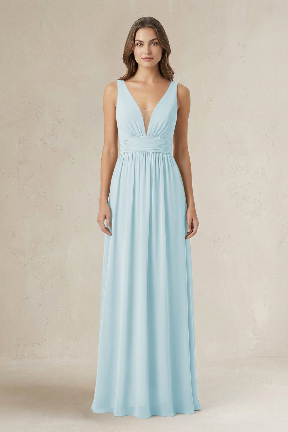 Illusion V - Neck A - Line Ruched Bridesmaid Dress in Sky Blue - KissProm Bridesmaid Dresses