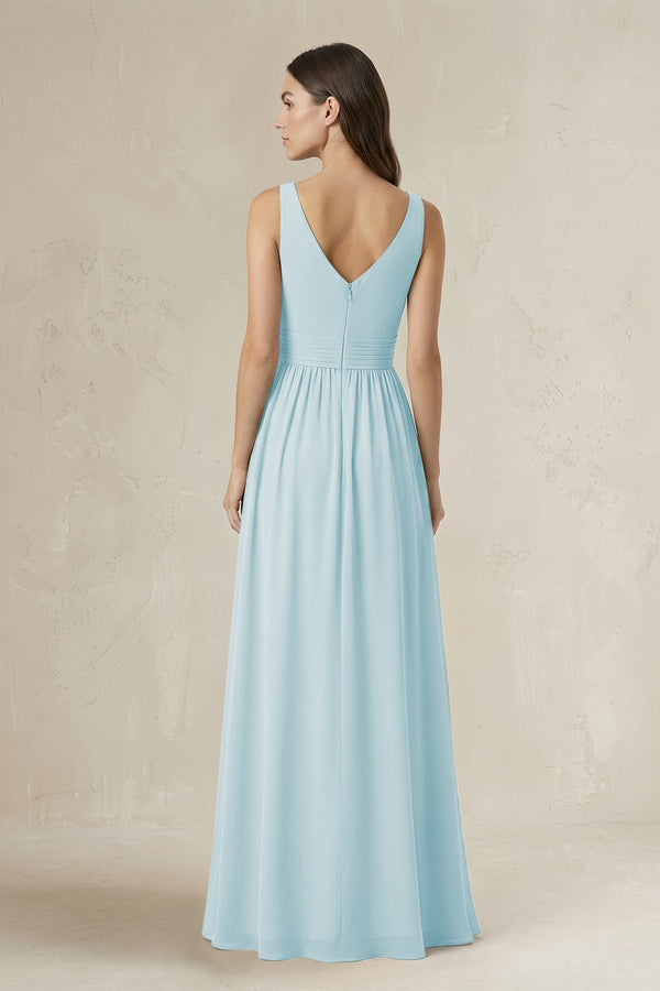 Illusion V - Neck A - Line Ruched Bridesmaid Dress in Sky Blue - KissProm Bridesmaid Dresses