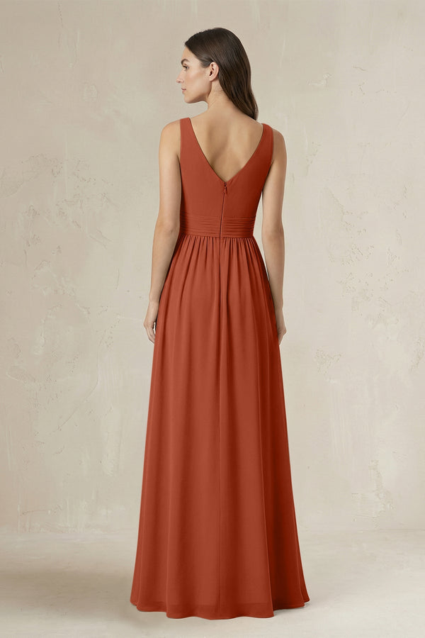 Illusion V - Neck A - Line Ruched Bridesmaid Dress in Spice - KissProm Bridesmaid Dresses