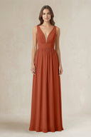 Illusion V - Neck A - Line Ruched Bridesmaid Dress in Spice - KissProm Bridesmaid Dresses
