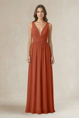 Illusion V - Neck A - Line Ruched Bridesmaid Dress in Spice - KissProm Bridesmaid Dresses