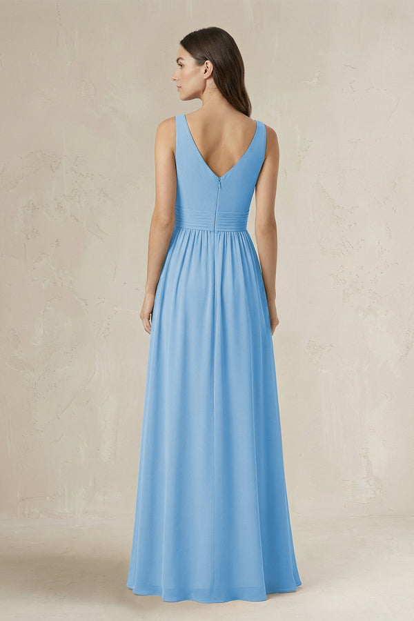 Illusion V - Neck A - Line Ruched Bridesmaid Dress in Steel Blue - KissProm Bridesmaid Dresses